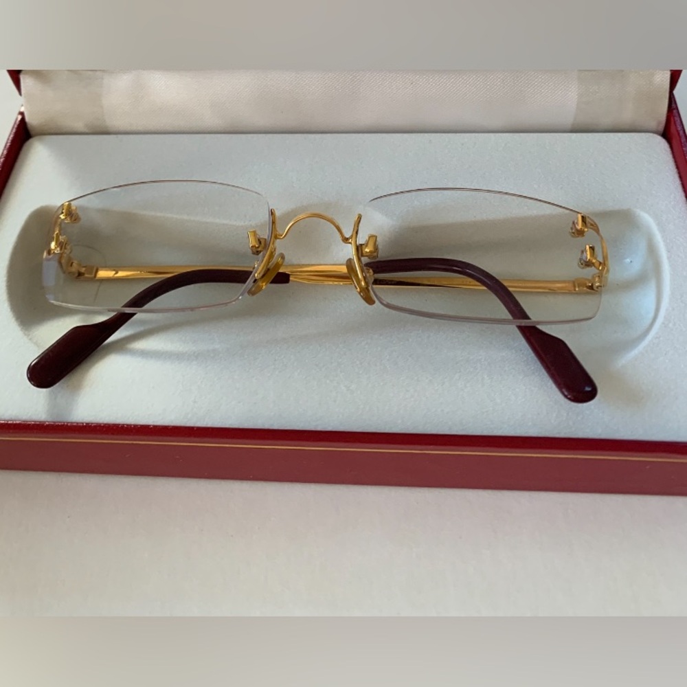 Cartier C Decor 22 K 135 Gold Plated and Burgundy Rectangle Rimless Eyewear - Picture 7 of 8